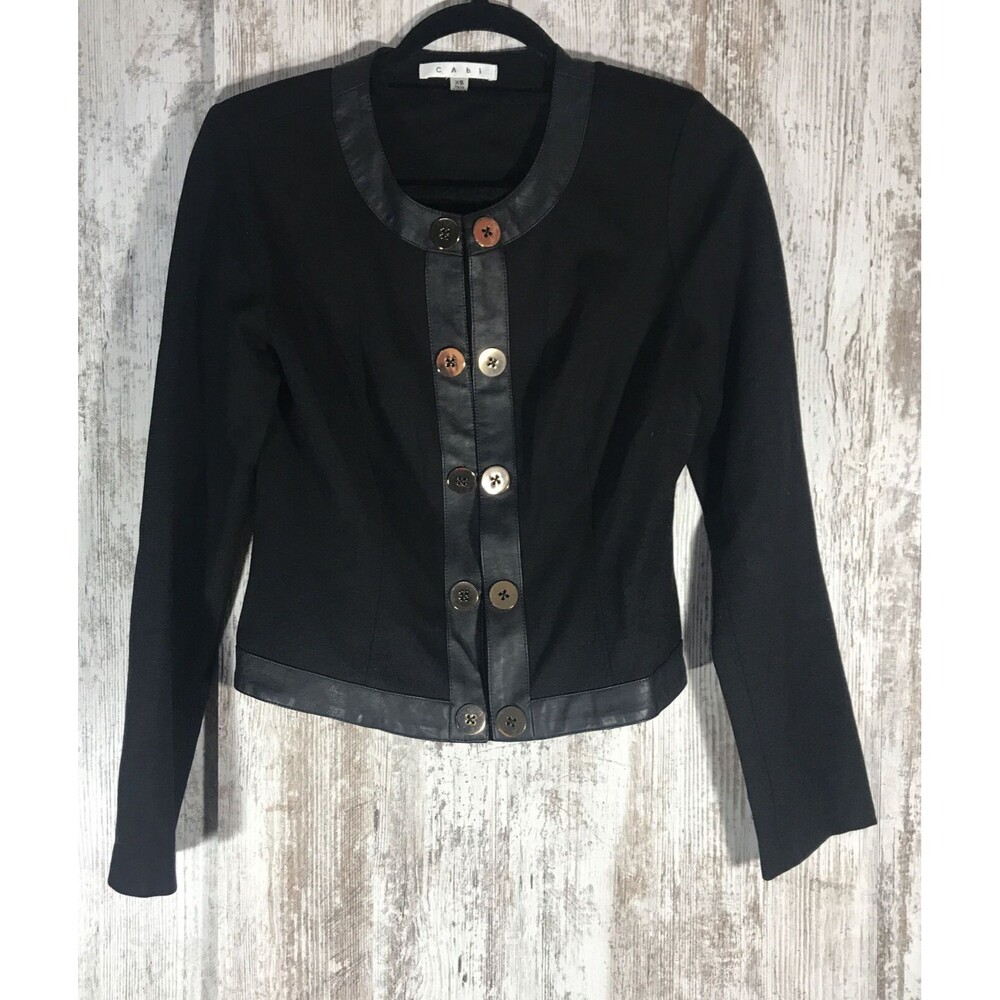 Cabi Black Style 583 Black Blazer Size XS Faux Leather Military Gold Buttons